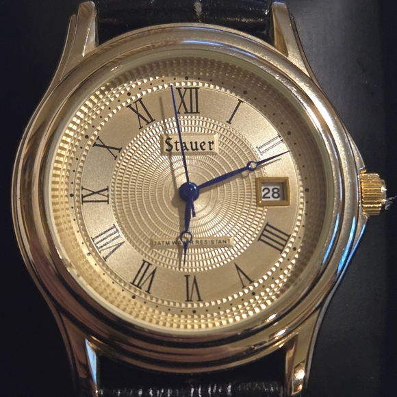 Stauer Gold Men\'s Watch with Black Leather Strap
